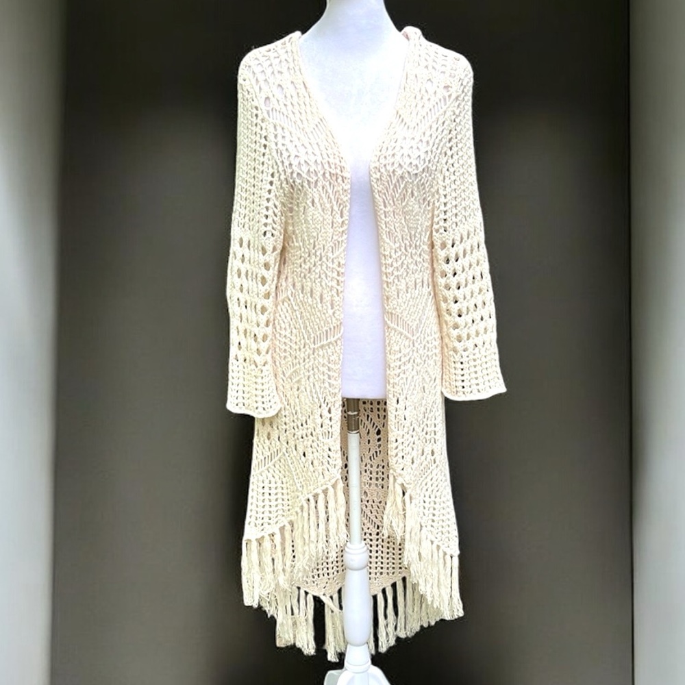 Chelsea & Violet Open Knit Fringe Cardigan in Cream Size Small